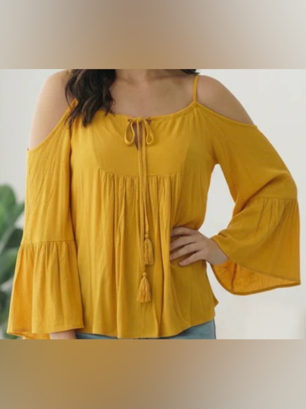 Yellow Cold-Shoulder Tassel Women’s Blouse